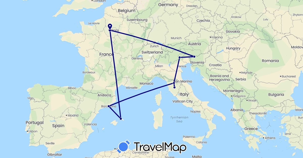 TravelMap itinerary: driving in Spain, France, Italy, Slovenia (Europe)